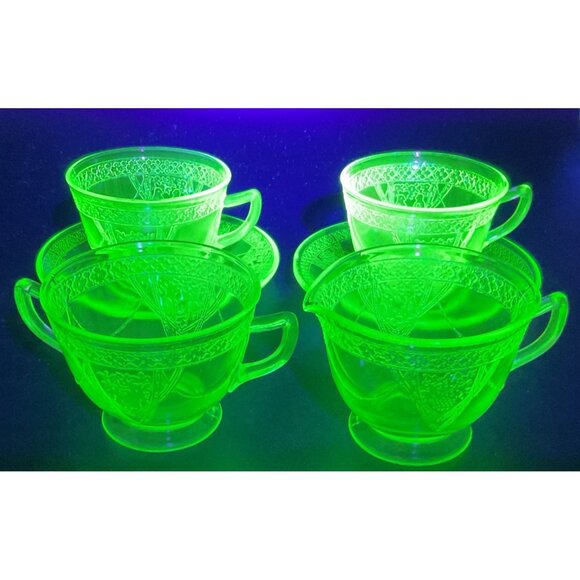 Vtg UV Glass Tea Set Federal Glass Georgian Lovebirds Cups Saucers Creamer Sugar - Picture 1 of 8